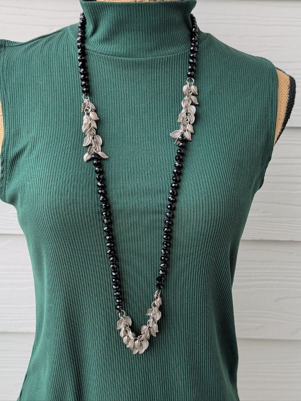 Vintage Statement Necklace: Black Faceted Beads & Silver-Tone Leaf Clusters